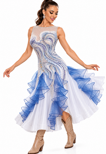 Crystal Current, a sparkling country dance dress with intricate crystal detailing, an elegant open back, and flowing blue-lilac ruffles.