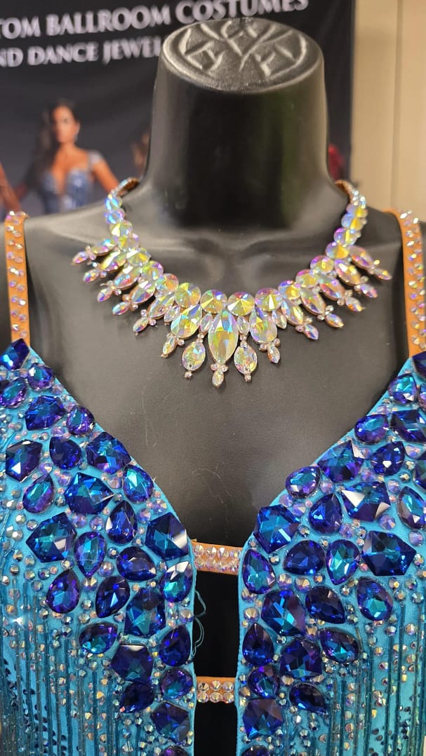 Large stones ballroom necklace worn on mannequin, featuring oversized crystal AB stones designed for competition performance