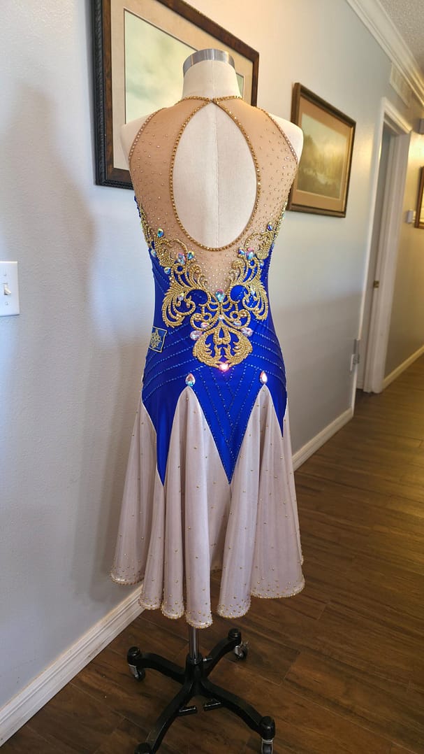 Royal Aurum Dress full back view with open oval cutout and crystal detailing on royal blue fabric