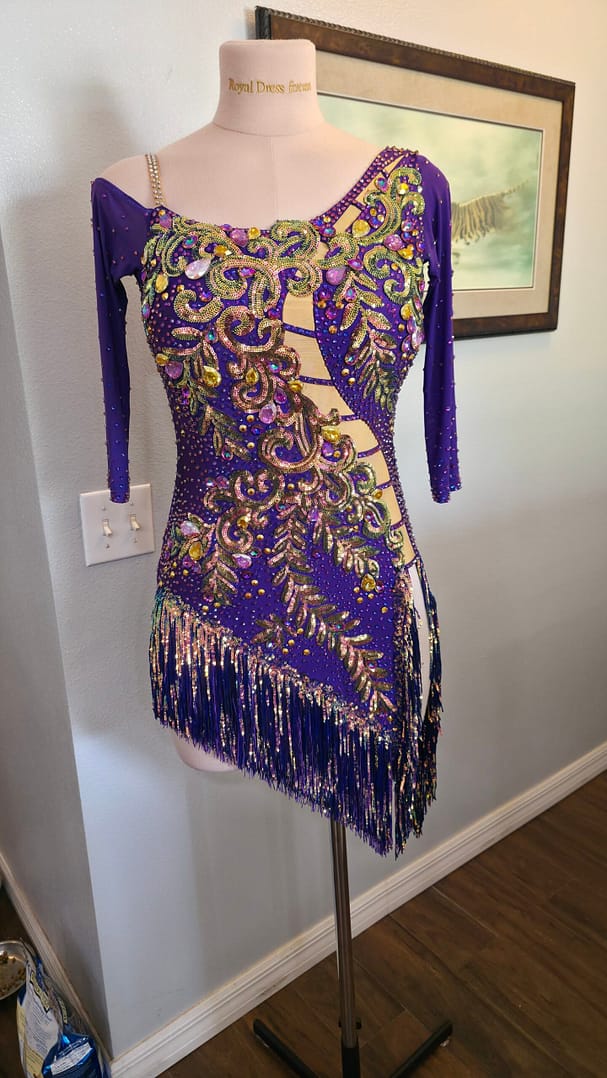 Front view of Velvet Velocity Latin dance dress in vibrant purple with intricate sequin appliqué, rhinestones, and asymmetrical fringe detailing.
