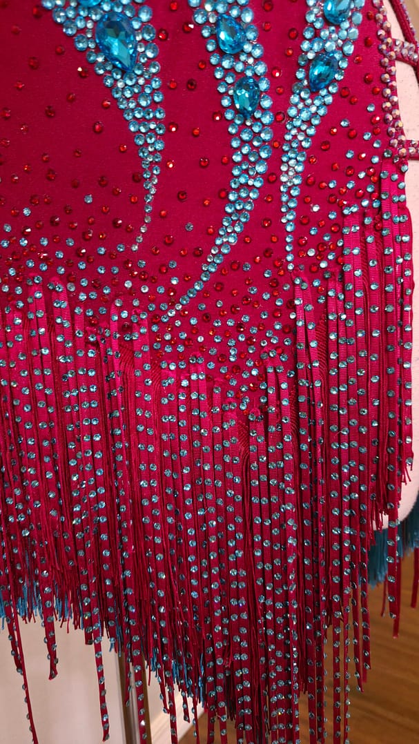 Close-up of the crystal-embellished fringe on the Crimson Mirage Signature Series Latin competition dress.