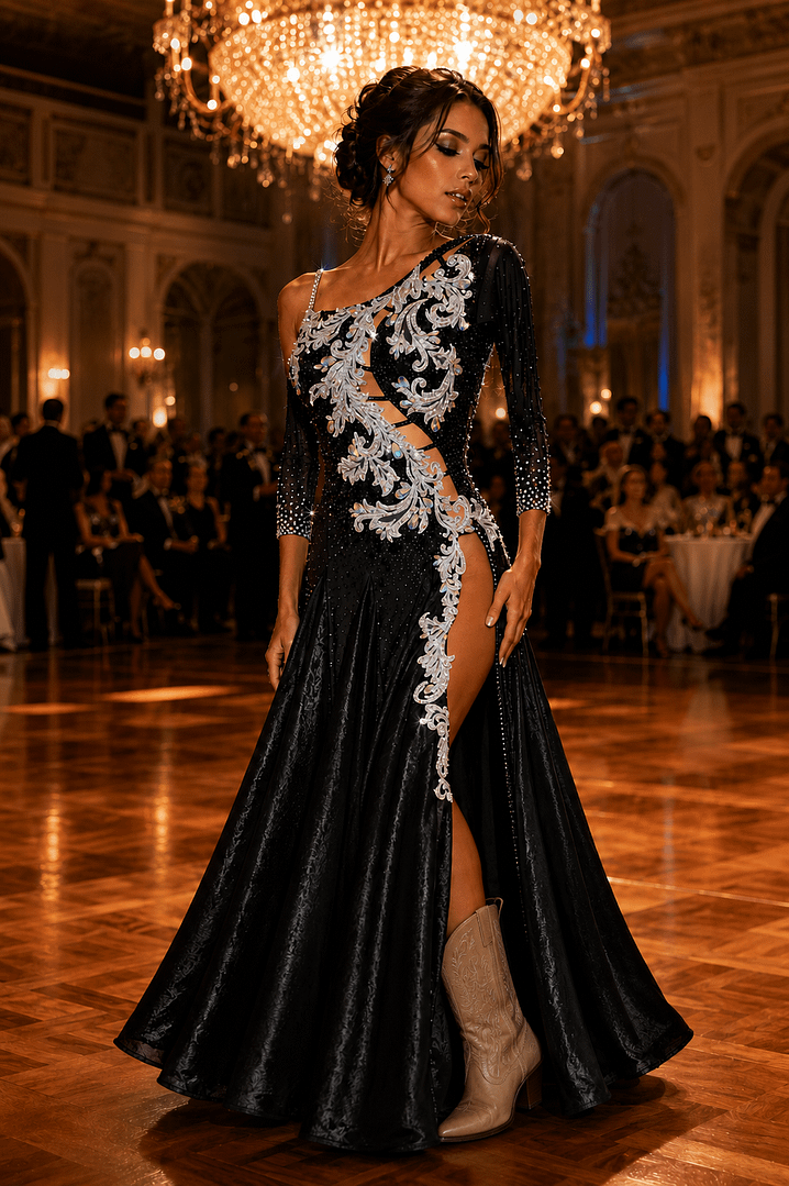 Crystal Nocturne Signature Series black ballroom competition dress featuring silver crystal appliqué, asymmetrical neckline, illusion sleeve, high side slit, and flowing full skirt.