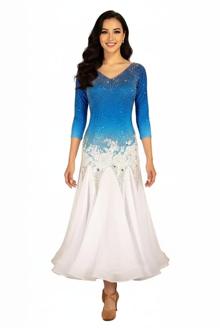Bluefire ballroom gown — front view — A vibrant royal blue Standard dress, a cutout shoulder, and a bodice heavily embellished with clear and iridescent crystals.