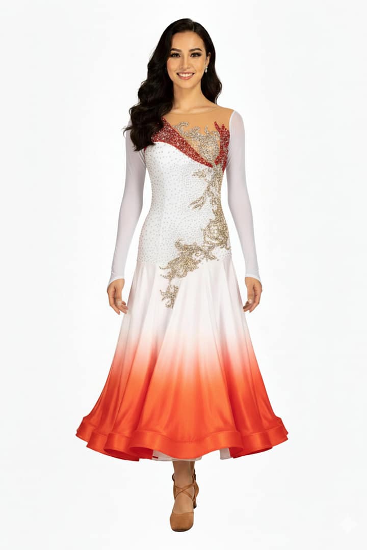 Mercedes ballroom gown — front view — A vibrant Standard dress featuring a lemon yellow upper bodice and a black satin skirt. The black velvet appliqué with gold and clear crystals extends from the bodice down to the hips.