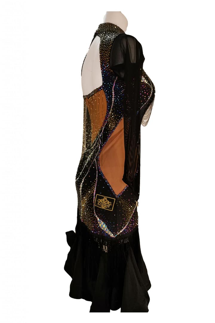 Mia Latin dress — stonework close‑up — dense arrangement of AB, gold, and vibrant multi-colored crystals