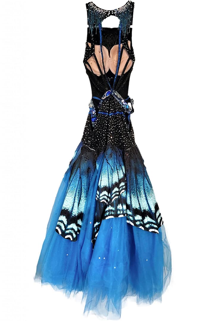 Alyne Ballroom Dress – back view — black and blue butterfly-in