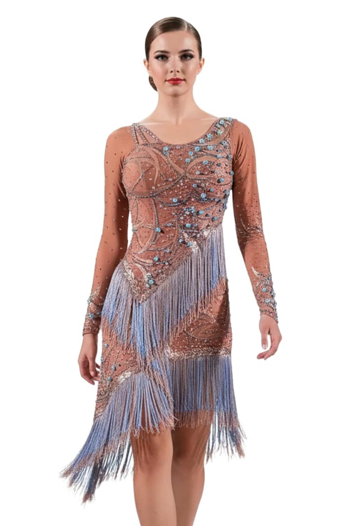 Devi Latin dress — front view — nude mesh with gold appliqué, baby blue pearls, and layered blue fringe