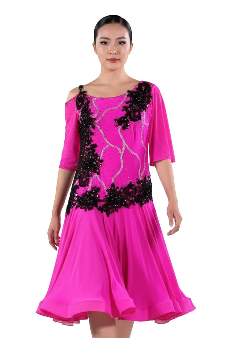 Edra Latin dress — front view — vibrant magenta with asymmetrical skirt and fringe