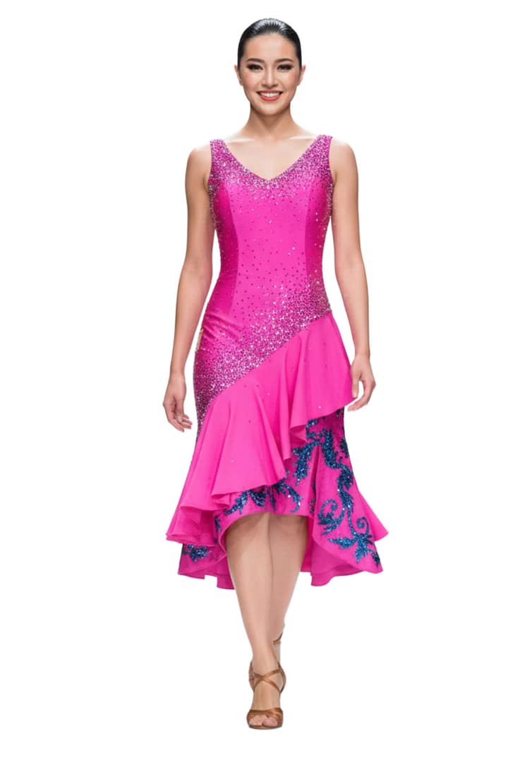 Nuna Latin Dress – front view – full body showcasing vivid hot pink bodice with crystal gradient sparkle, asymmetrical layered ruffle skirt, and teal embroidered vine accents along the hem.