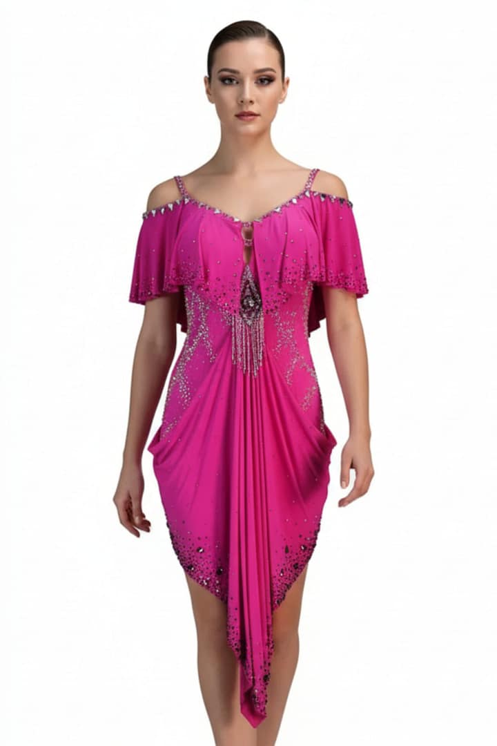 Zera Latin dress — front view — fuchsia with off-shoulder ruffles, draped asymmetrical skirt, and crystal centerpiece