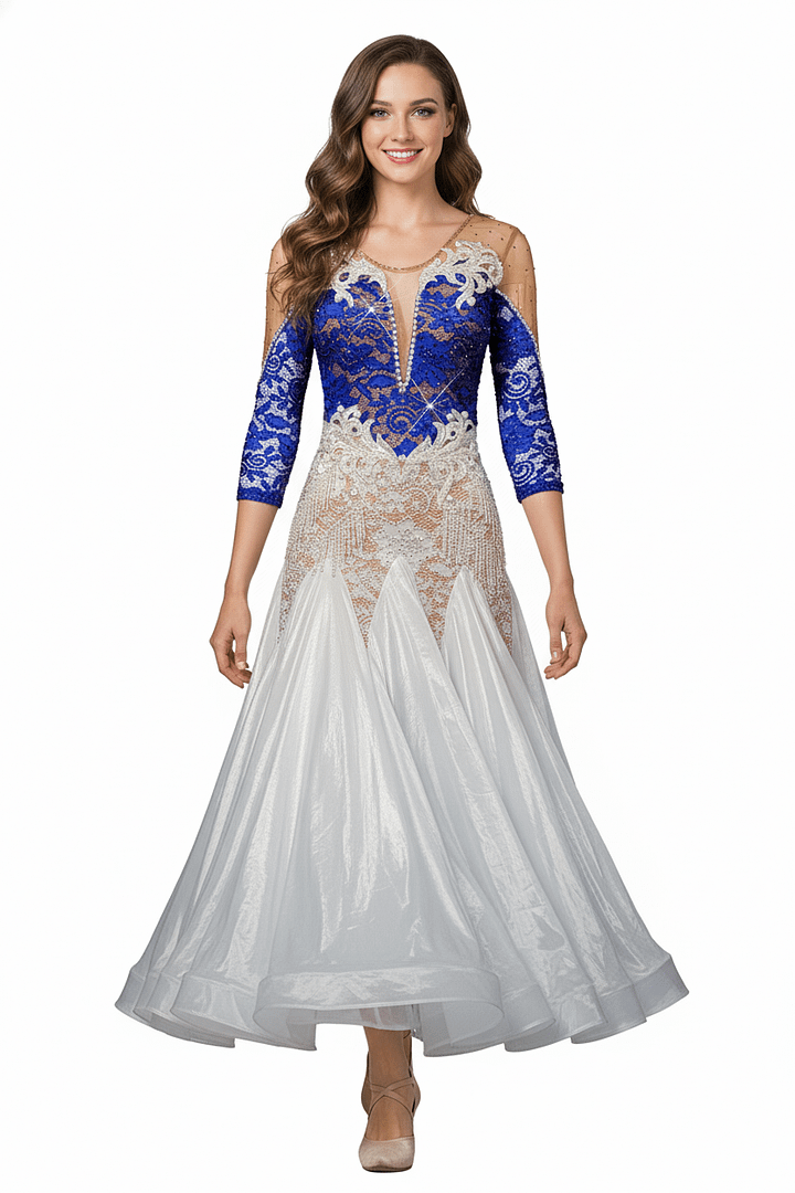 Full front view of Blue Sonata ballroom dress featuring blue lace bodice, pearl fringe detailing, and elegant white flowing skirt.