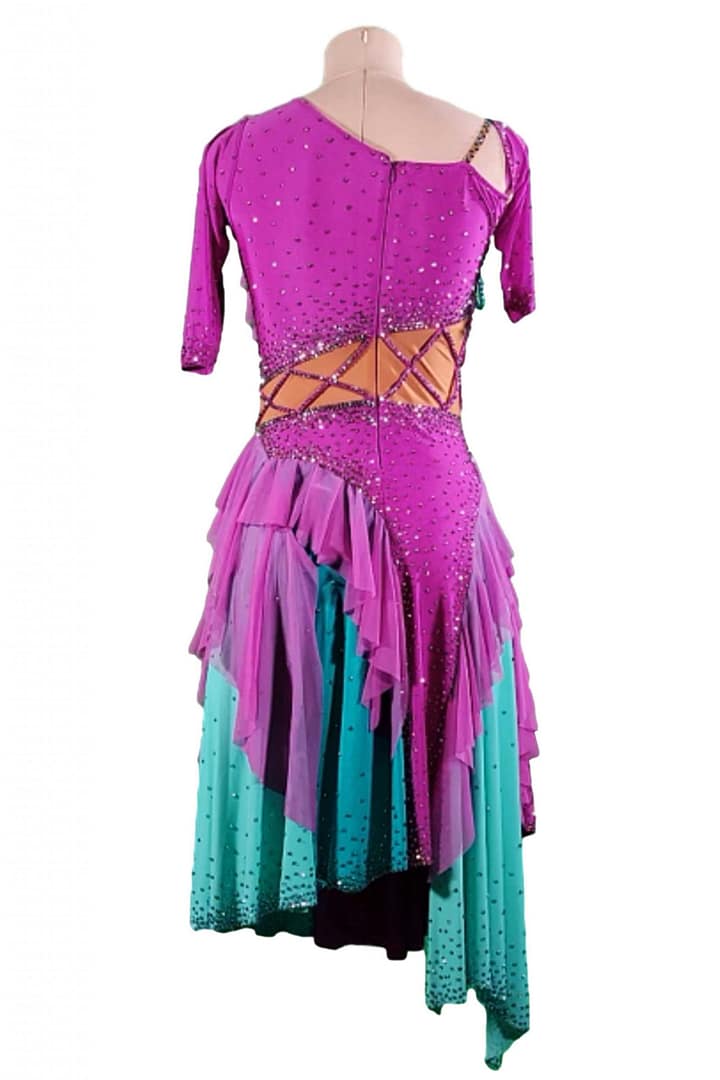 Bonel Latin Dress — back view — showing the ruffled skirt edges and open back design