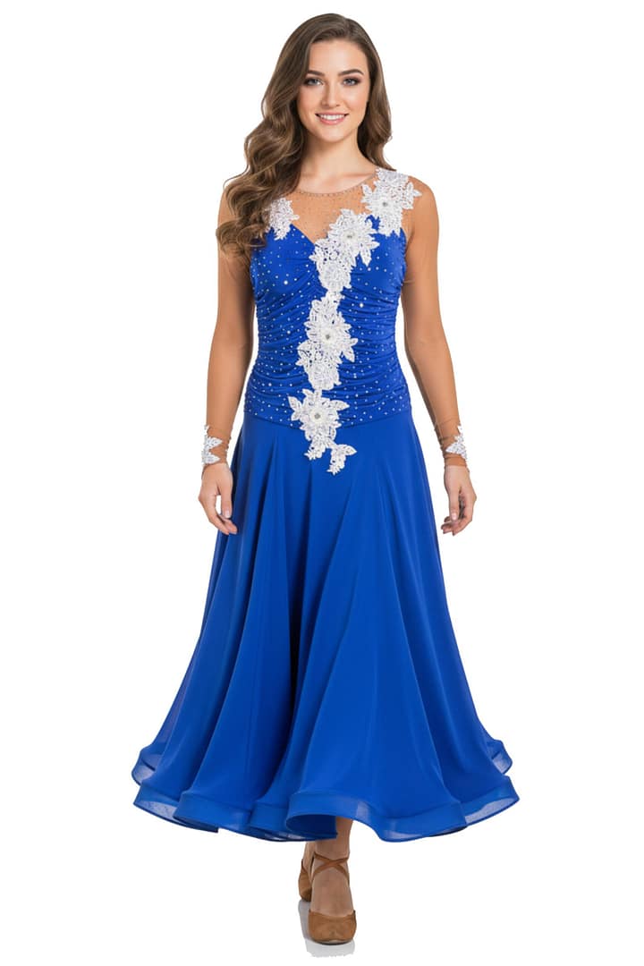 Bess Ballroom Dress – front view – royal blue gown with ruched bodice, white floral appliqués, sheer neckline, and flowing full skirt.