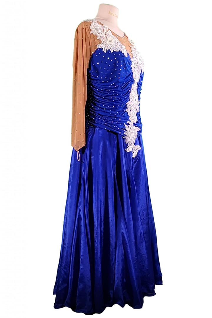 Bess Ballroom Dress - right-side angle – ruched top, nude mesh sleeves, and white lace appliqué details.