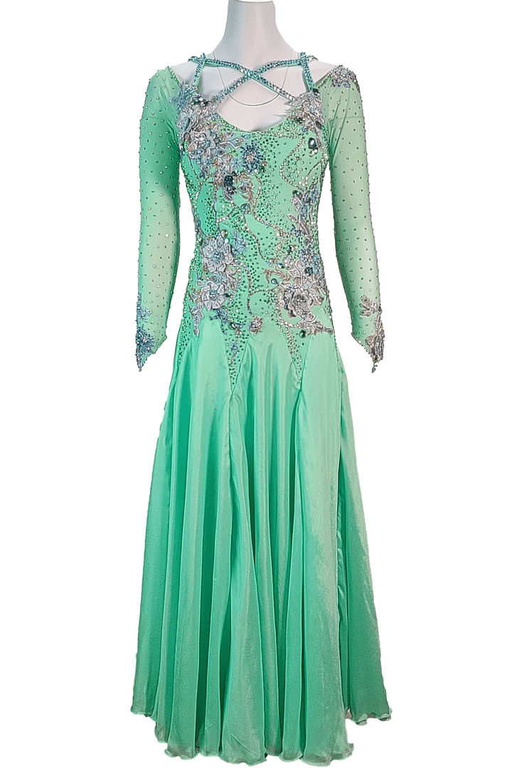 Rain ballroom dress — front view — long-sleeve, mint green Standard dress featuring a stunning crystal criss-cross neckline and floral appliqué on the bodice.