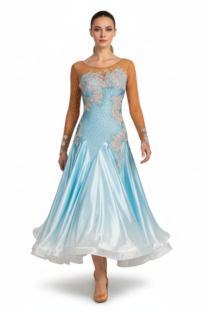 Bluesky Ballroom Dress – front view – sky-blue satin skirt with nude mesh sleeves, crystal embellishments, and flowing ballroom silhouette.