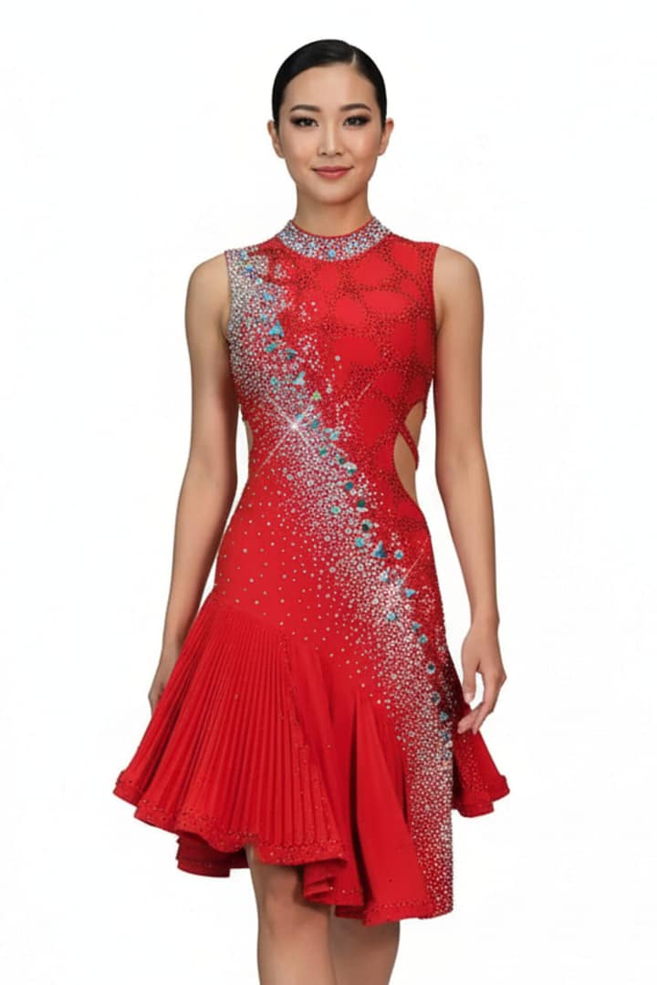 Nala Latin Dress — front view — model in a vibrant red Latin dress with a high collar and diagonal 'Milky Way' crystal design