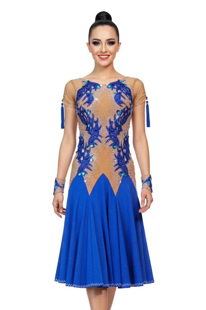 Narnia Latin Dress - front view - Blue and nude Latin ballroom dress with tassel accents