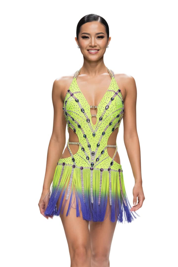 Sunshine Latin dress — front view — neon yellow halter with cutouts and purple ombre fringe skirt