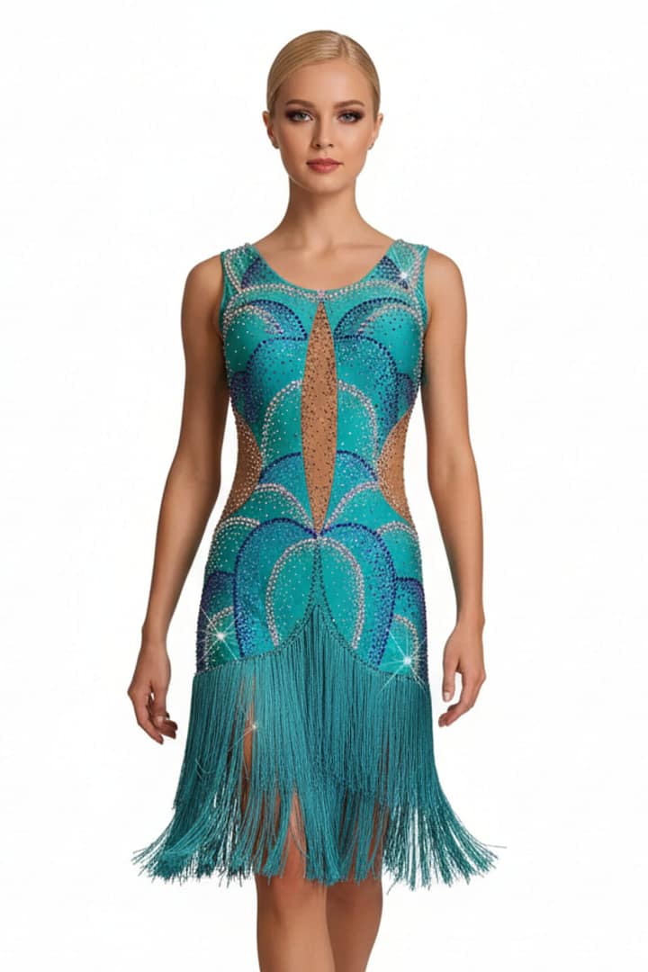 Undina Latin Dress — front view — model in teal Latin fringe dress with elaborate blue and AB crystal pattern