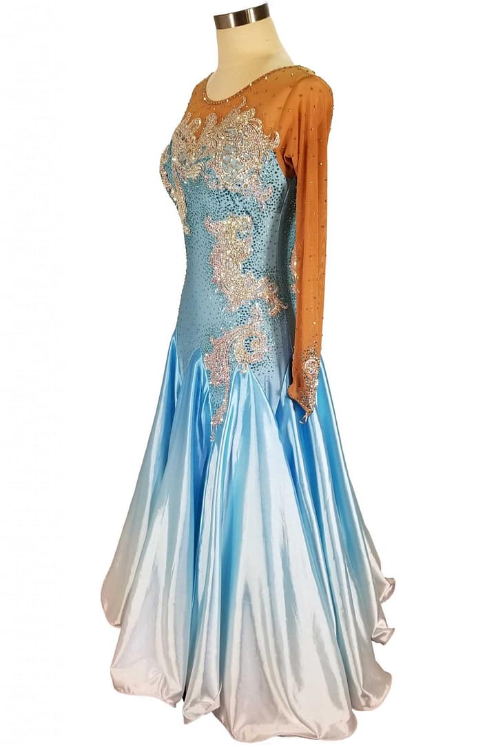 Bluesky ballroom gown — 3/4 view — shimmering blue-to-white skirt with crystal-studded bodice and mesh sleeves