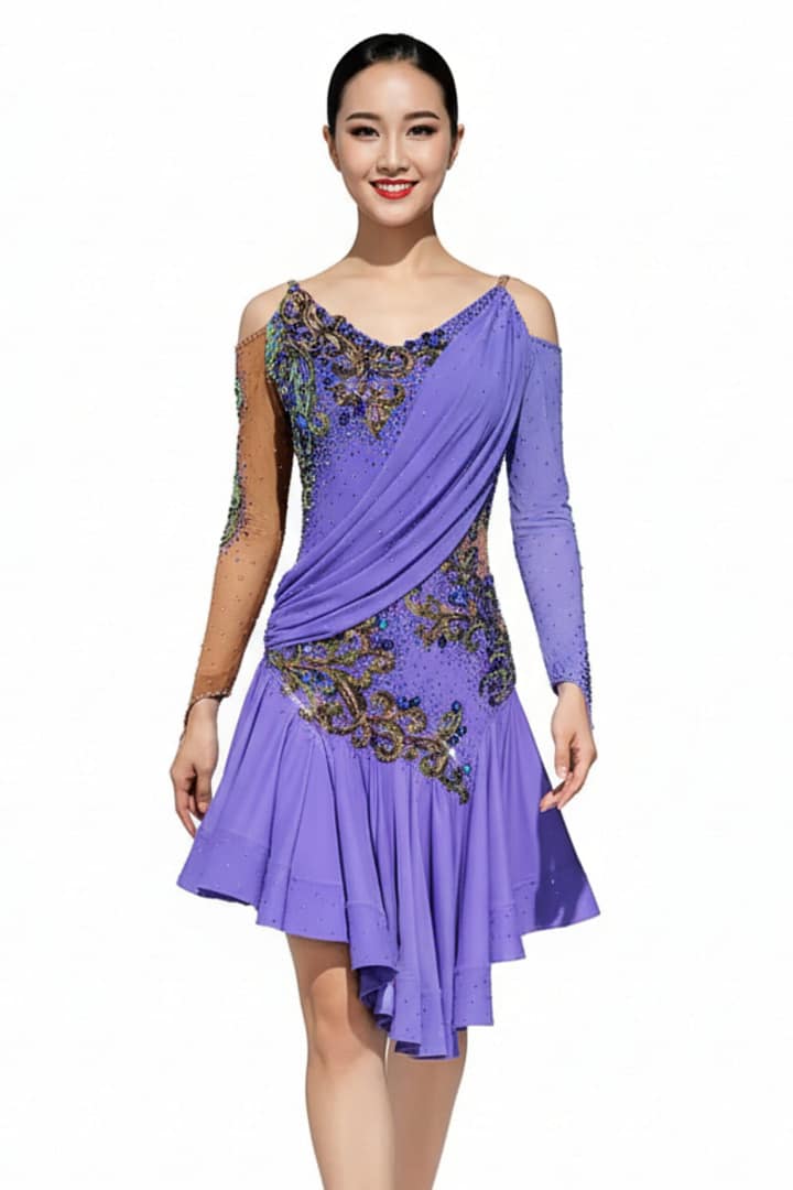 Clea Latin Dress — front view — model in lavender dress with cold-shoulder design, asymmetrical draping, and sparkling multi-crystal appliqué