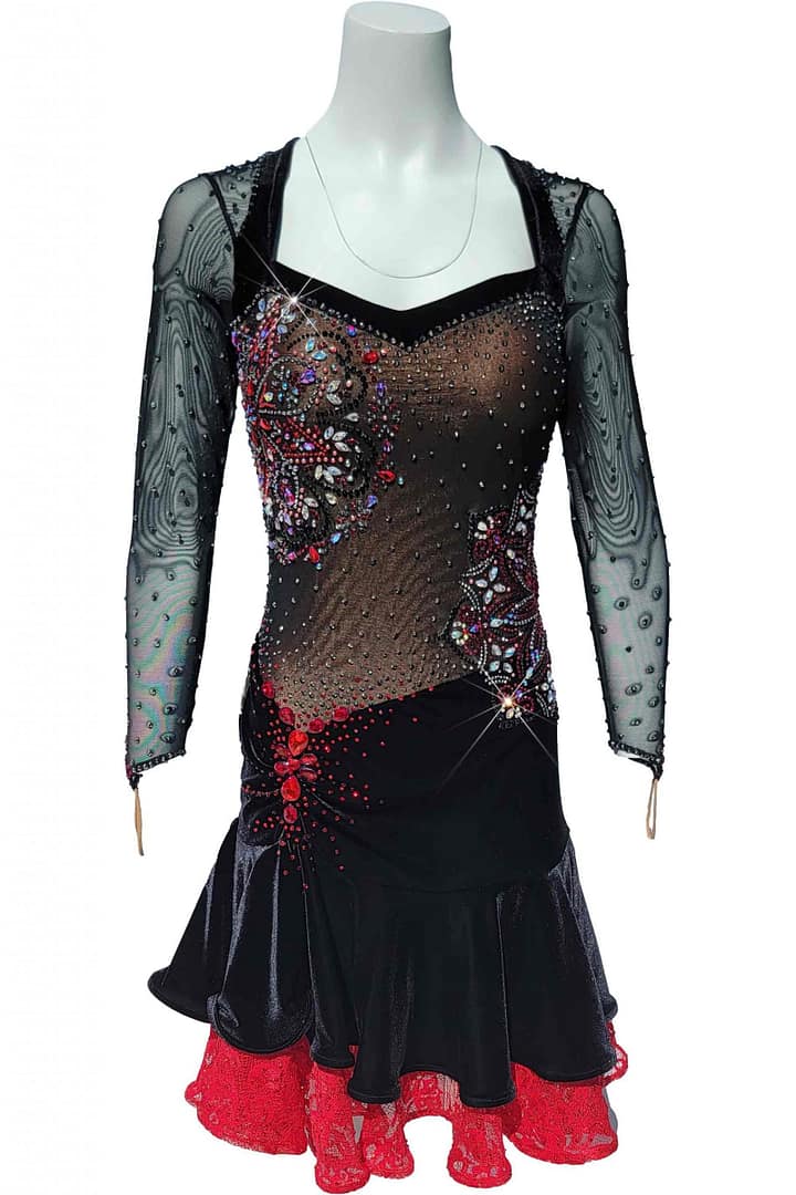 Fawn Latin Dress — front view — mannequin in black velvet and mesh dress showing the square neckline and multi-colored crystal stoning