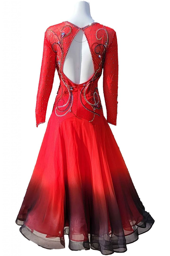 Kalaida ballroom gown — back view — open-back design with crystal appliqué and ombré ballroom skirt