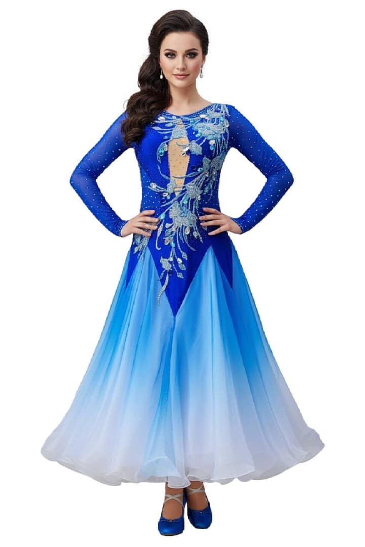 Zinnia ballroom gown — front view — royal blue Standard dress with an illusion deep-V neckline and detailed silver appliqué extending down the bodice.