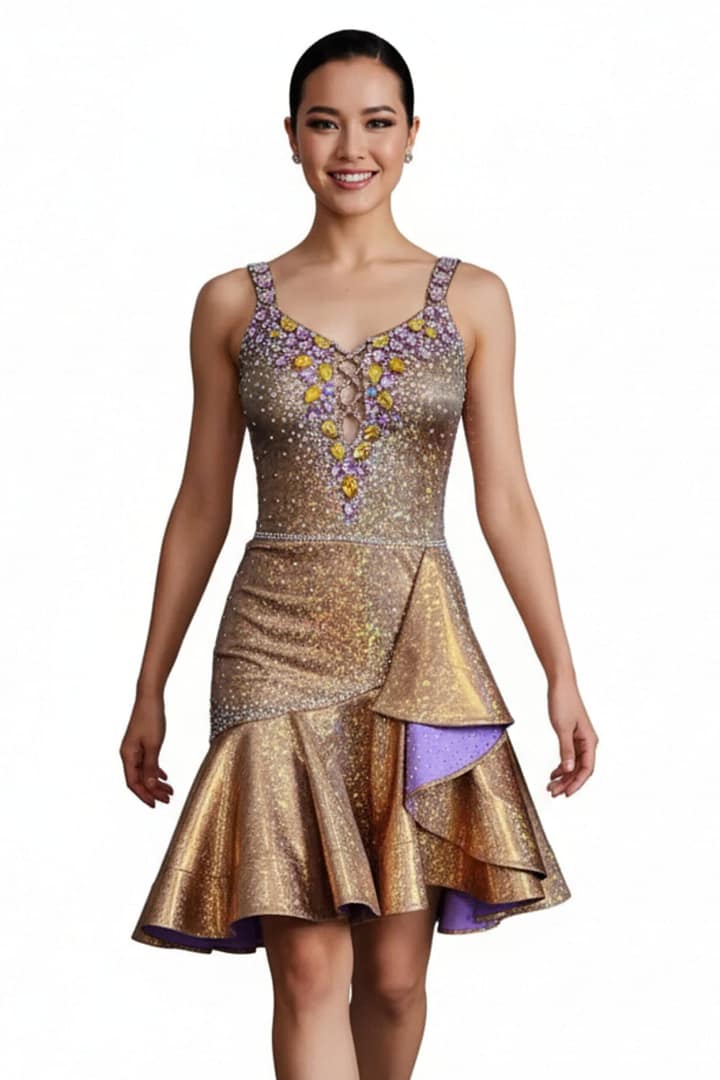 Lily Latin Dress — front view — model in shimmering gold dress with purple and yellow crystal embellishment and lace-up bodice detail