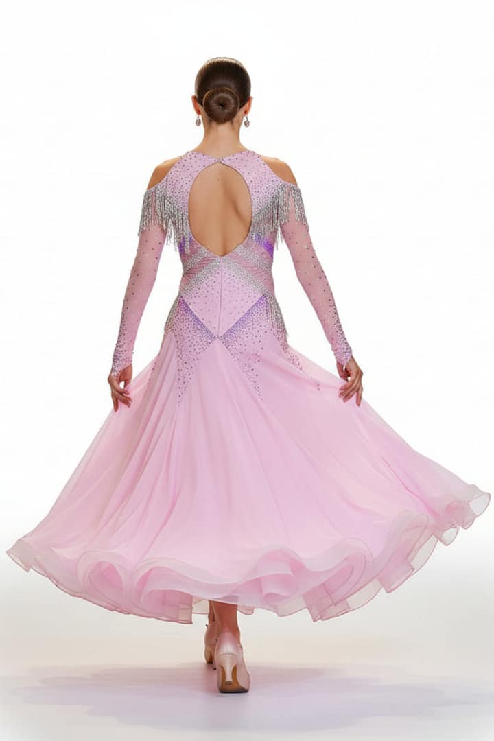 Labana ballroom gown — back view — flowing skirt with crystal embellishment