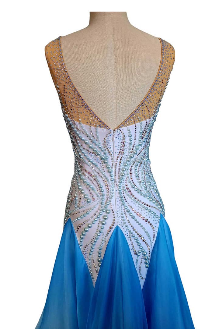 Cyra Ballroom gown - back closure detail - Deep V-back, crystal bodice, full blue ombre skirt volume.