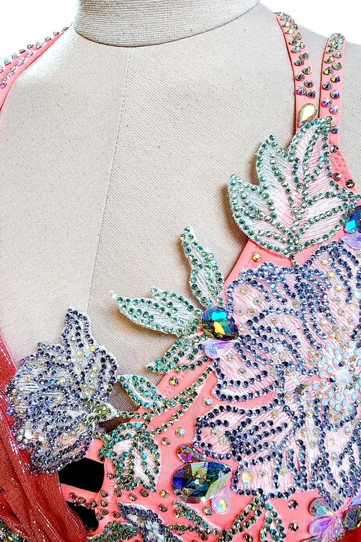 Ziva Ballroom Dress — stonework close-up — AB crystals, floral motifs, and layered rhinestone patterns