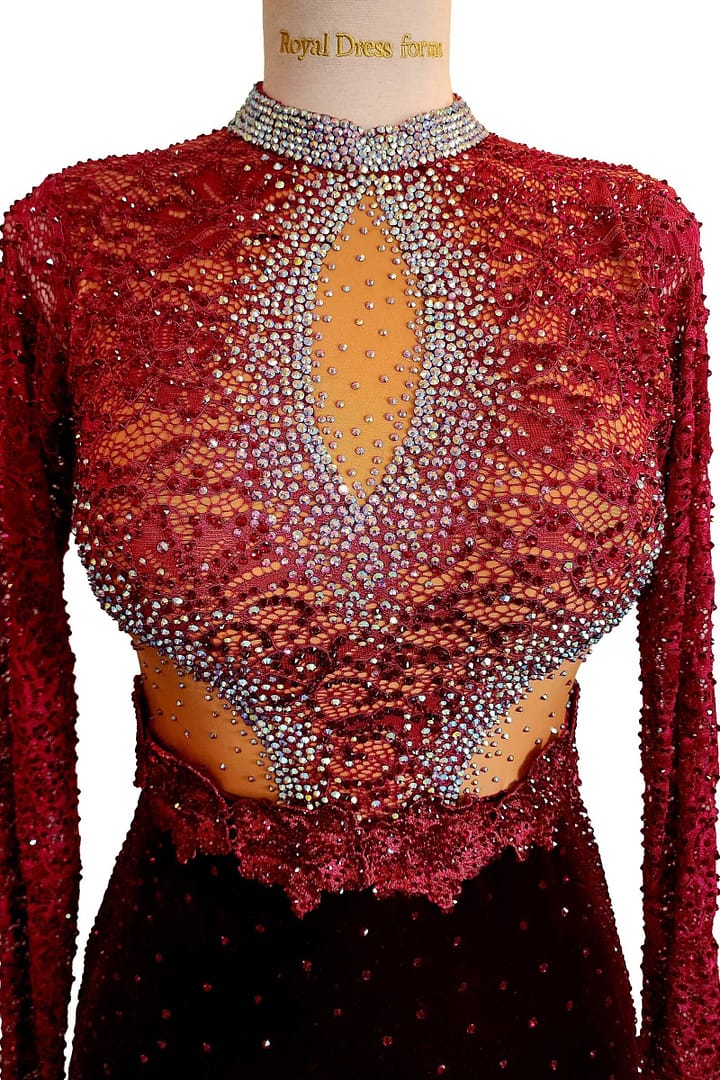 Bora Latin Dress - Bodice detail - High-neck lace with keyhole cutout, heavily stoned with iridescent crystals.