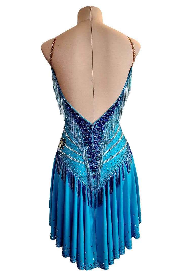 Carla Latin dress — back view — low scoop back, beaded fringe V-detail, and crystal shoulder straps.