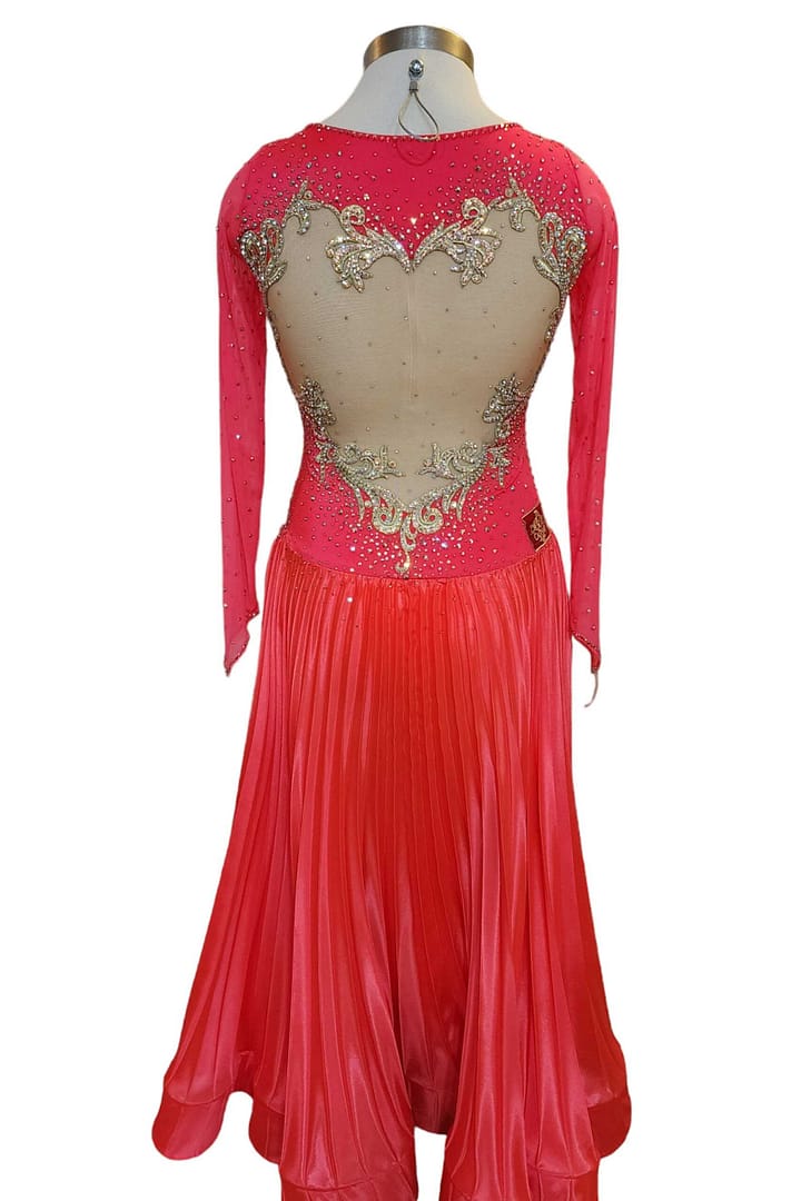 Cory ballroom gown — back view — illusion mesh back with gold appliqué detailing