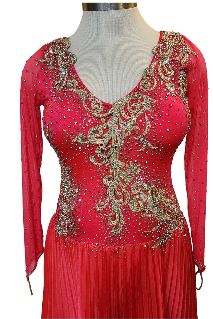 Cory ballroom gown — bodice detail — hand-applied gold crystals and ornate appliqué