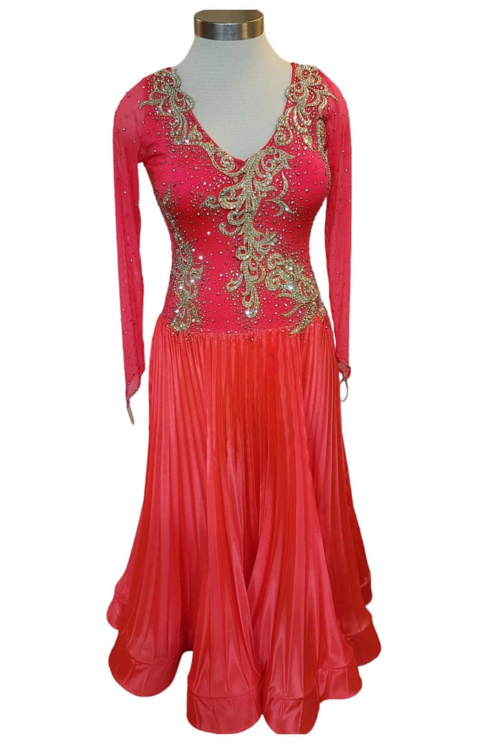 Cory ballroom gown — front view — vibrant red bodice with gold appliqué and crystal embellishment
