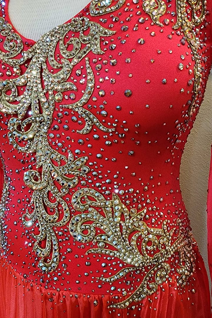 Cory ballroom gown — stonework close-up — intricate gold rhinestones and crystal clusters