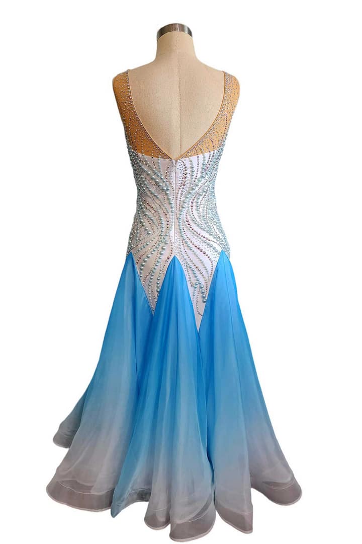 Cyra Ballroom gown - back view - Deep V-back, crystal bodice, full blue ombre skirt volume.