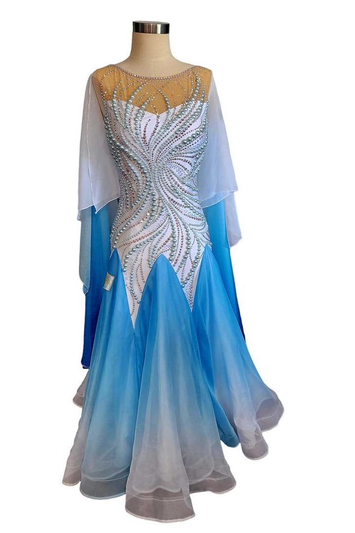 Cyra Ballroom dress - shoulder detail - White bodice, aqua pearls, and blue ombre skirt.