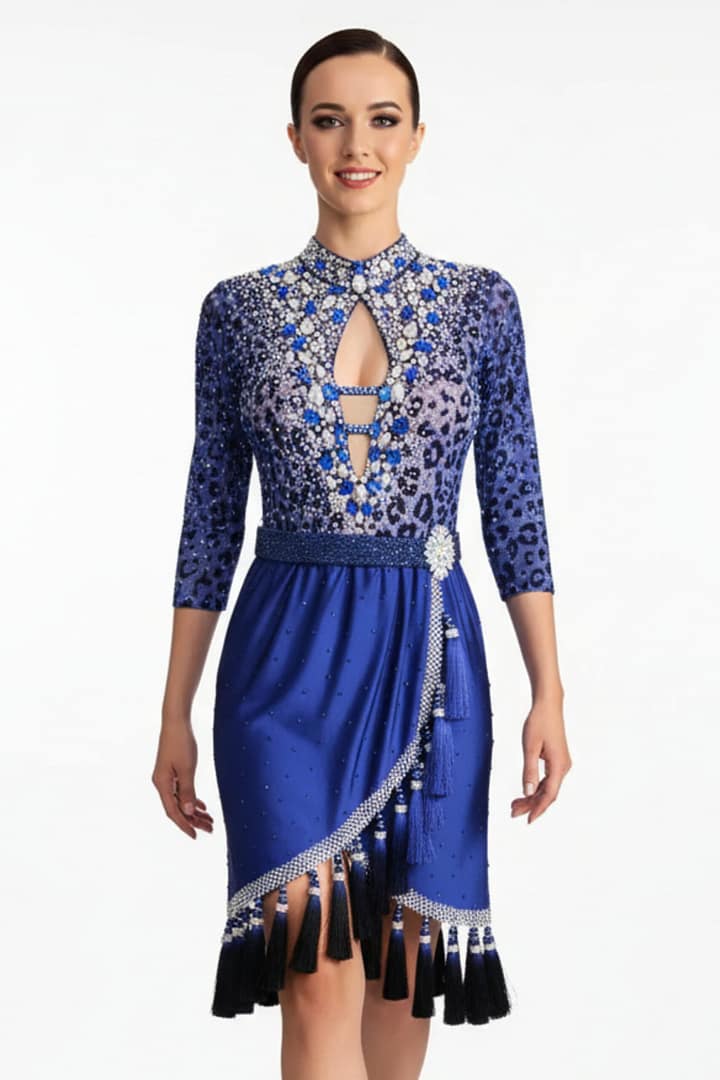 Pala Latin Dress — front view — blue satin skirt with a diagonal wrap panel, a wide, black beaded belt, and a long tassel with crystal accents.
