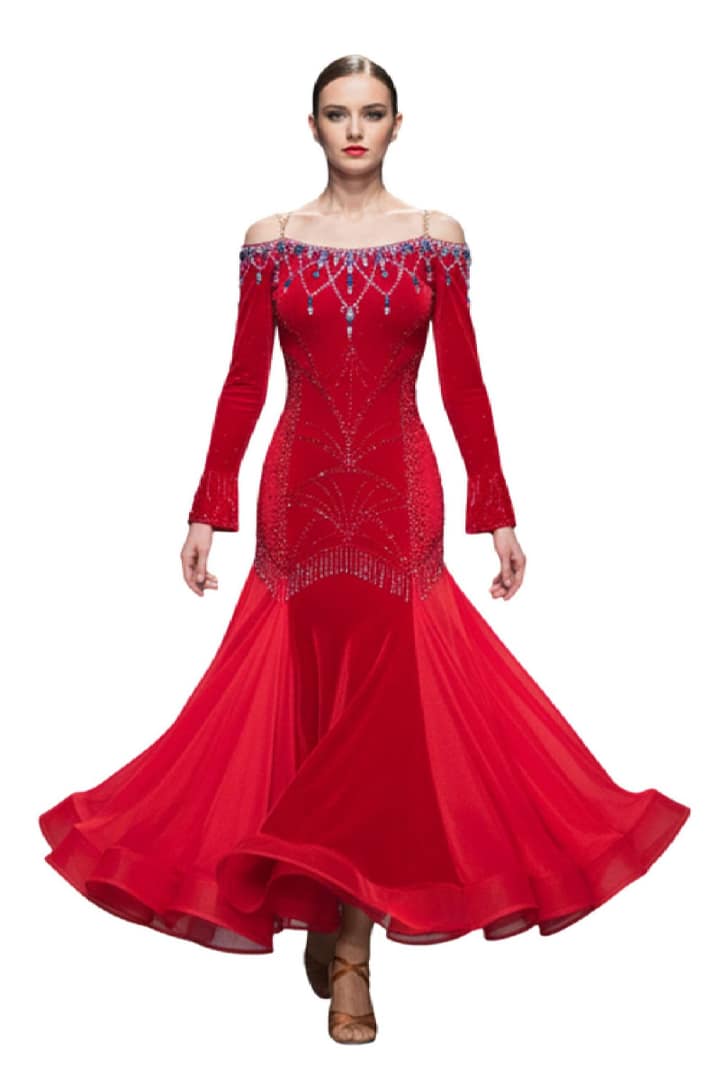 Amira Ballroom dress - front view — full-length gown with long sheer sleeves, fitted bodice, and elegant feather wrist accents.