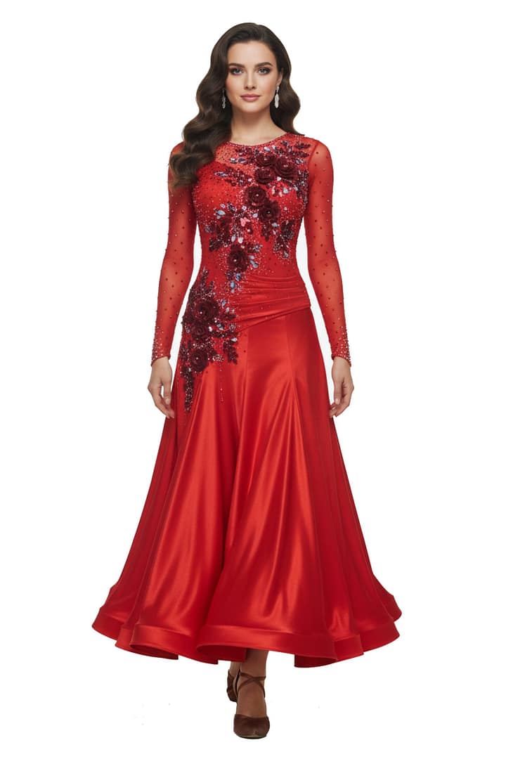Brielle ballroom gown — front view — red satin gown with 3D floral appliqués and crystal stoning