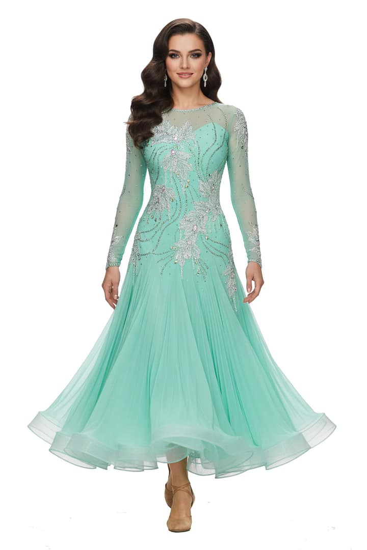 Calla Ballroom Dress - front view - Mint green color, full pleated skirt, and white lace decoration.