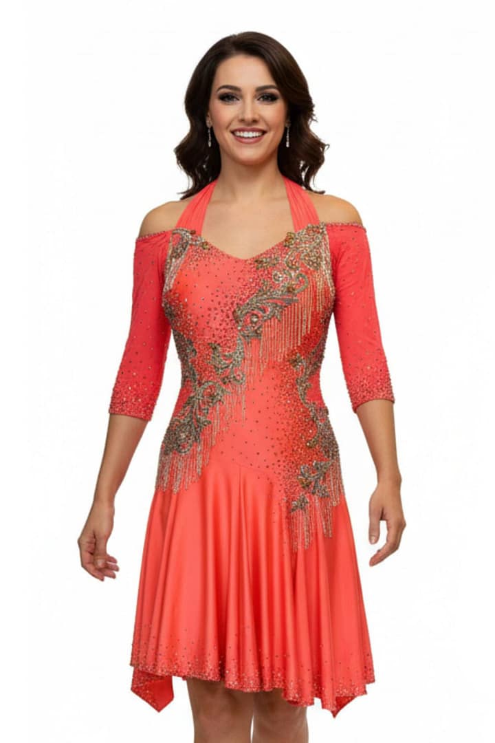 Crush Latin dress - front view - Sizzling orange competition dress with rhinestone swirls and dramatic fringe movement