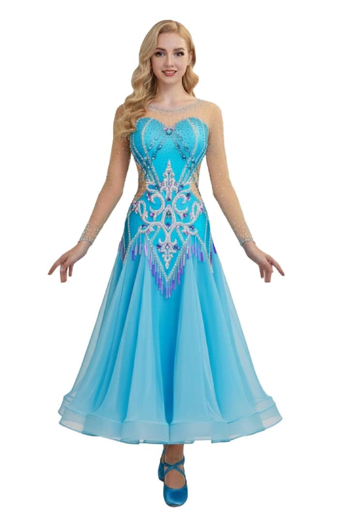 Jackie ballroom gown — front view — bright turquoise Standard dress with nude mesh neckline and long sleeves, featuring an ornate crystal and sequin motif.