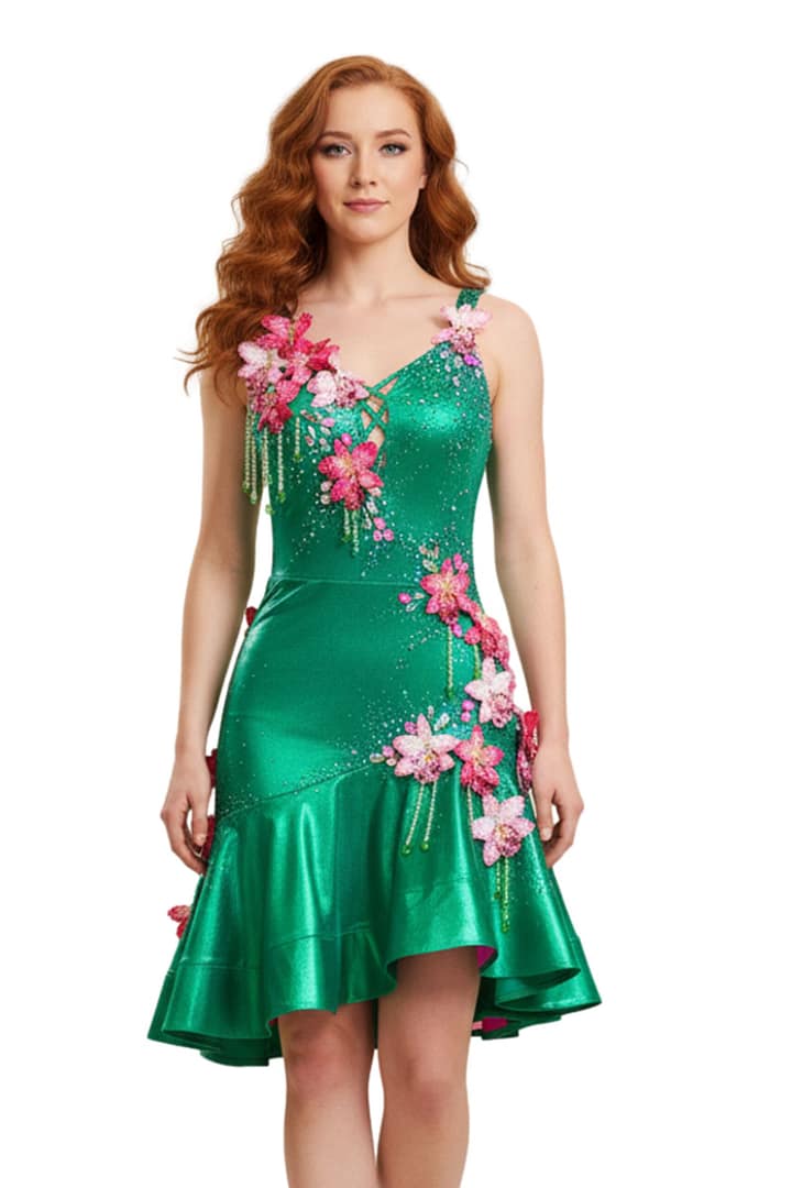 Orchid Latin dress – front view - emerald green satin with pink 3D floral appliqués, crystal detailing, and an asymmetrical ruffled skirt.