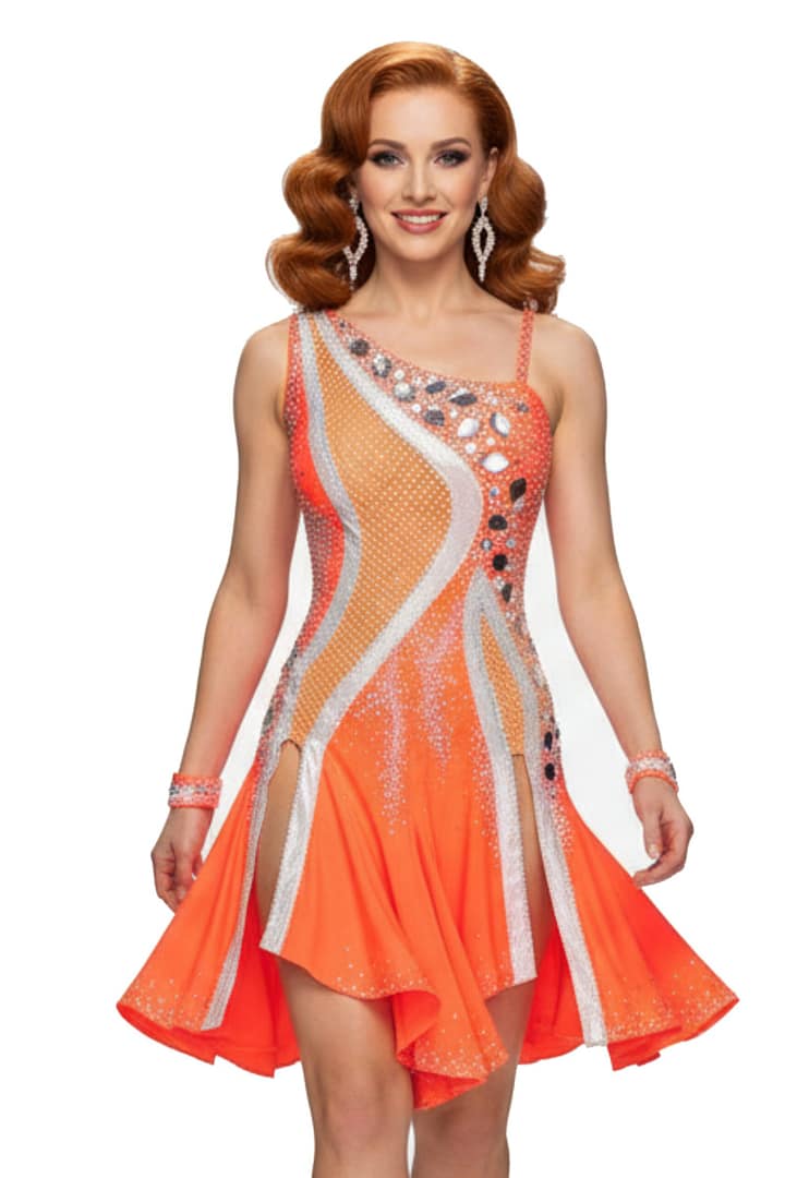 Sola Latin dress — front view — orange asymmetrical dress with silver and nude mesh panels and crystal detailing
