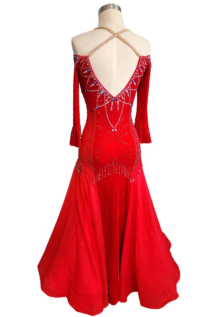 Amira Ballroom dress — back view — V-back with crystal vertical chains and a full skirt with floats.